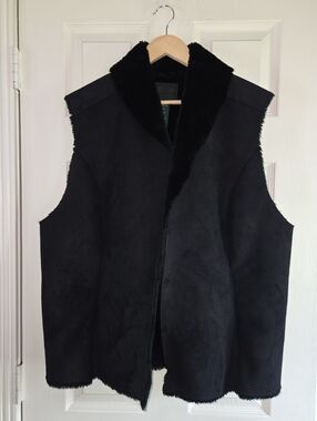Ralph Lauren Faux Shearling Vest Black 2X Hook & Eye Y2K Boho Luxe Layering
